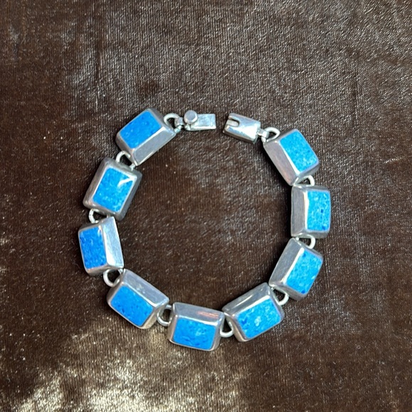 Vintage Sterling Silver Mexico 925 polished turquoise or lapis 9 stone bracelet - Picture 6 of 9